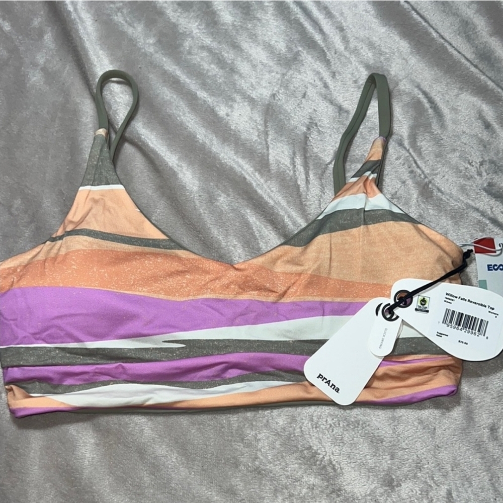 NWT Prana Multi Color Striped and Olive Reversible Bikini Top Small